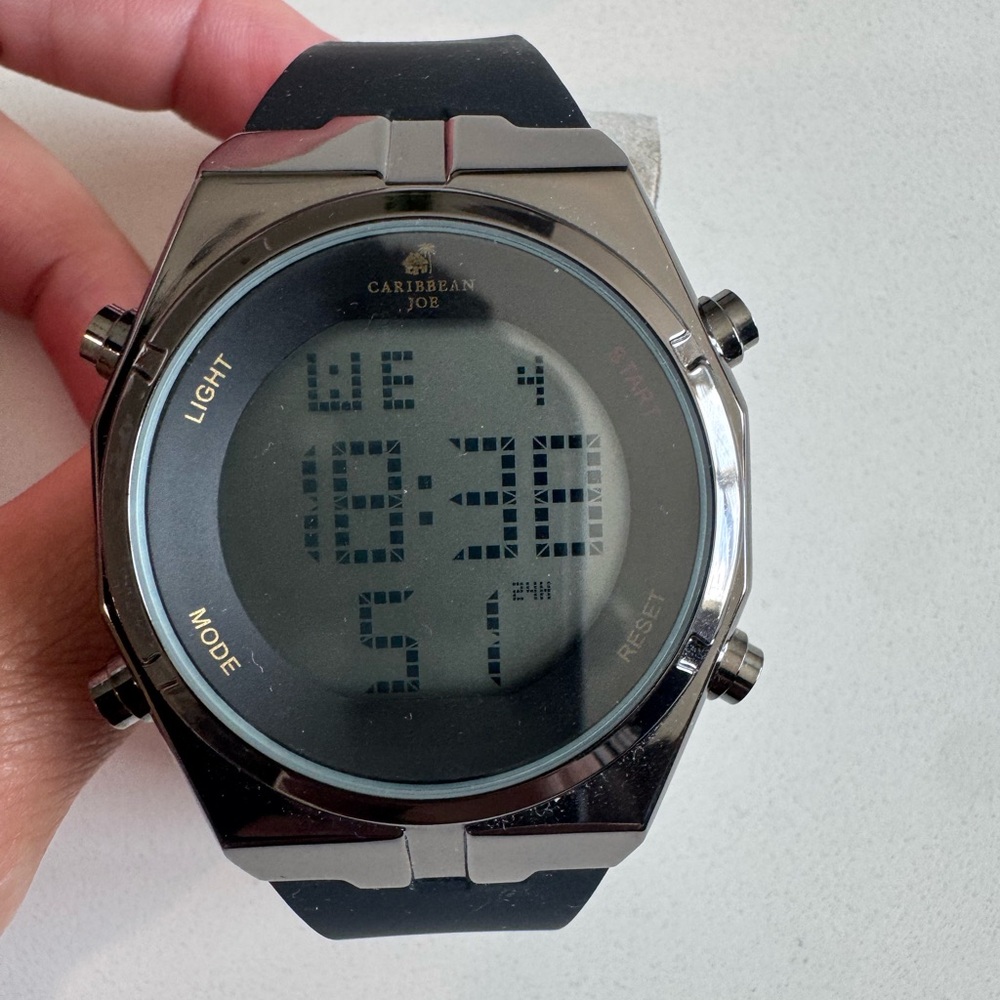 Caribbean Joe Black Strap Silver Case Digital Watch - Like New